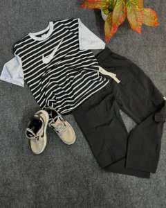 black and white stripped tshirt and pant combo at best clothing store at kasaragod