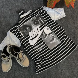 black and white stripped nike graphic tshirt from unique clothing store